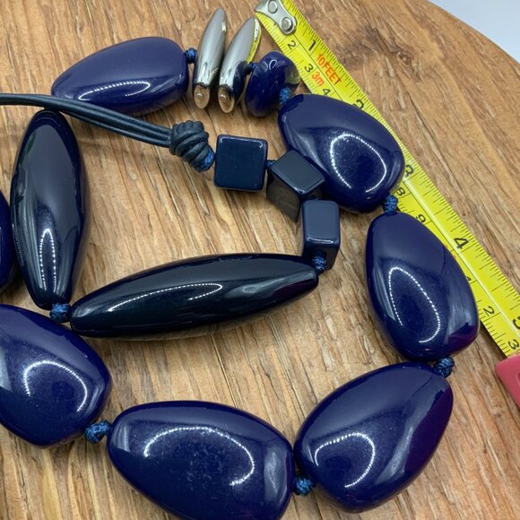 Chico's Classic Navy Blue Lucite Beads Silver Tone Clear Square Long Necklace - Picture 5 of 6